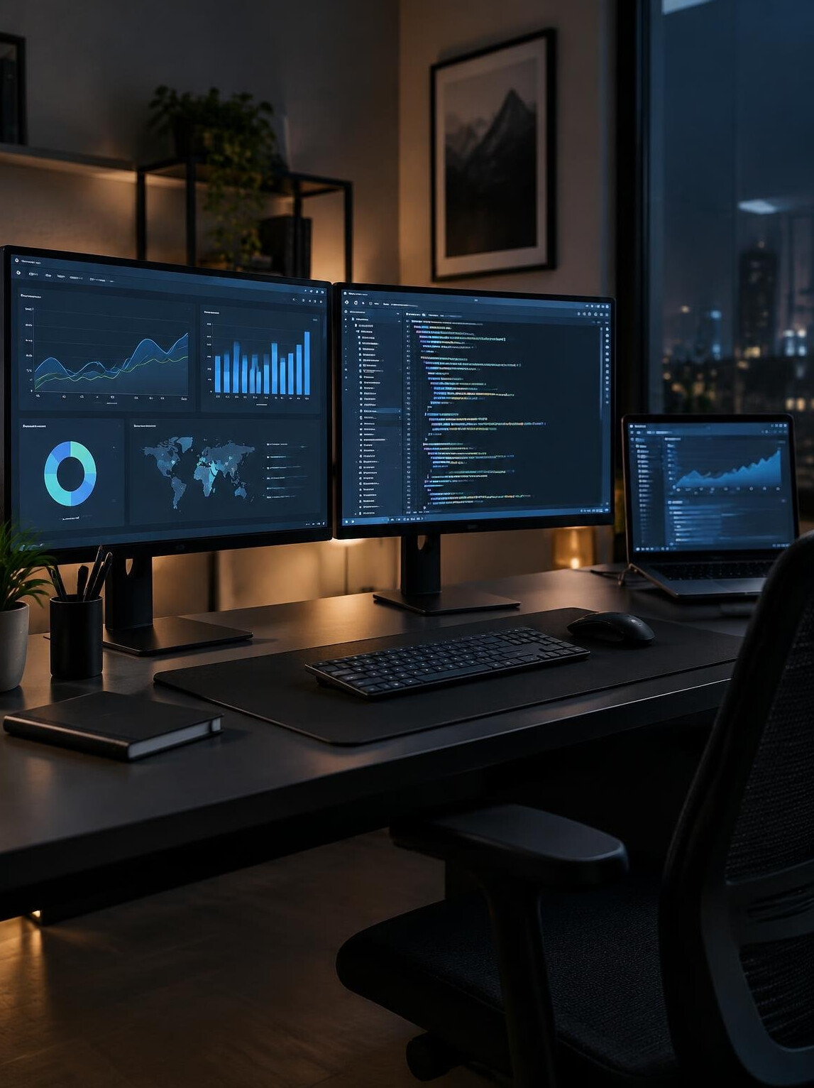 Modern office workstation with multiple computer monitors