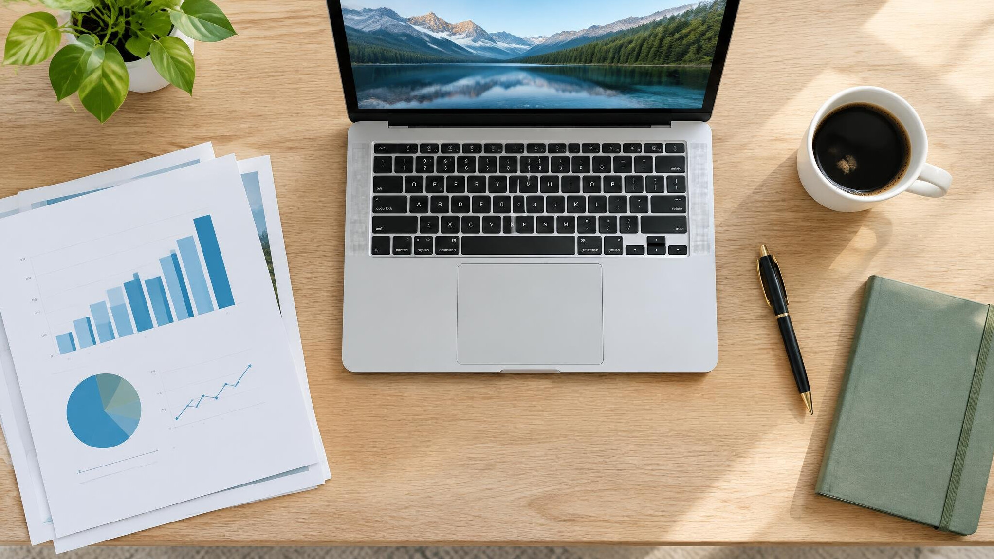 Top down view of a desk with a laptop, documents and coffee cup
