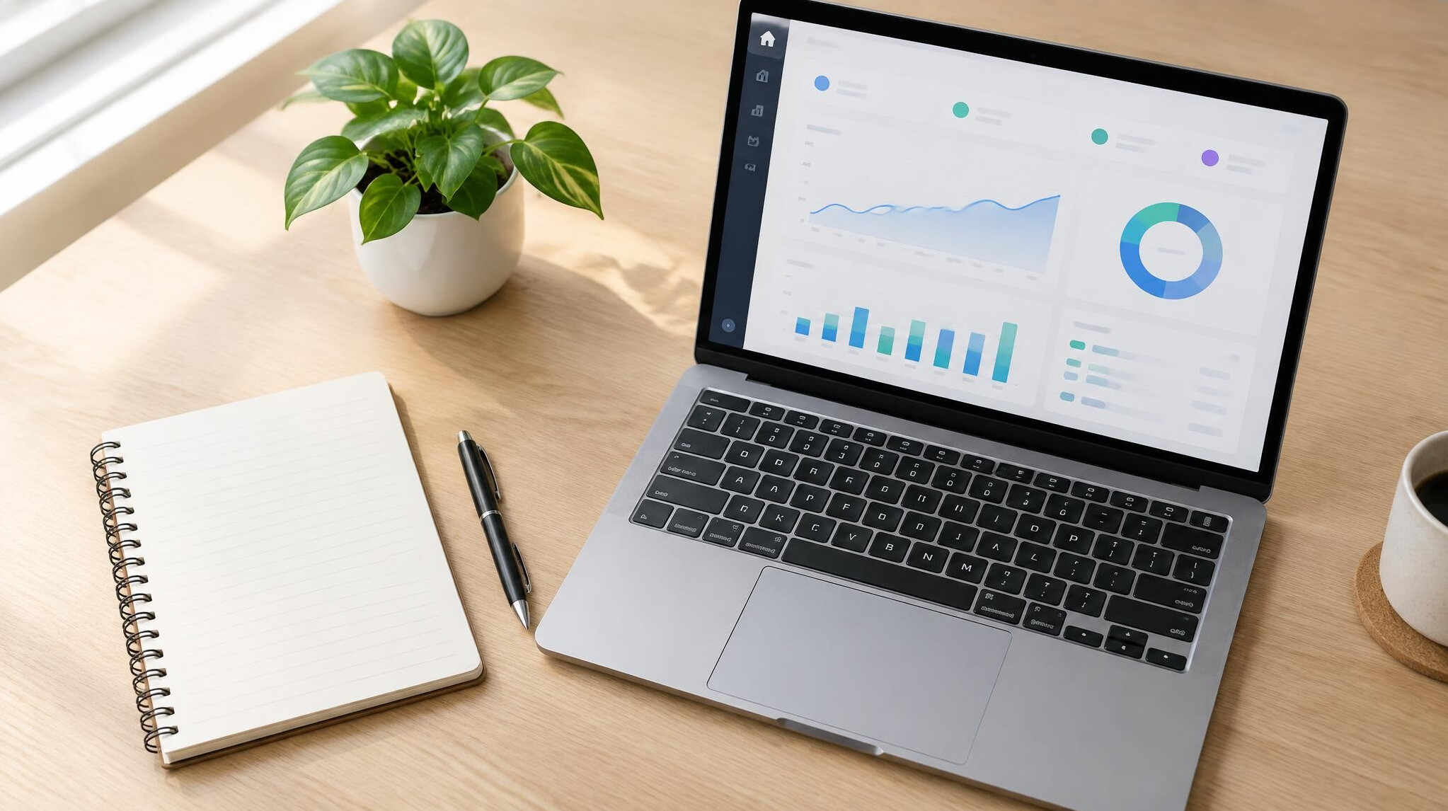 Flat lay of a laptop, notebook and plant on a wooden desk
