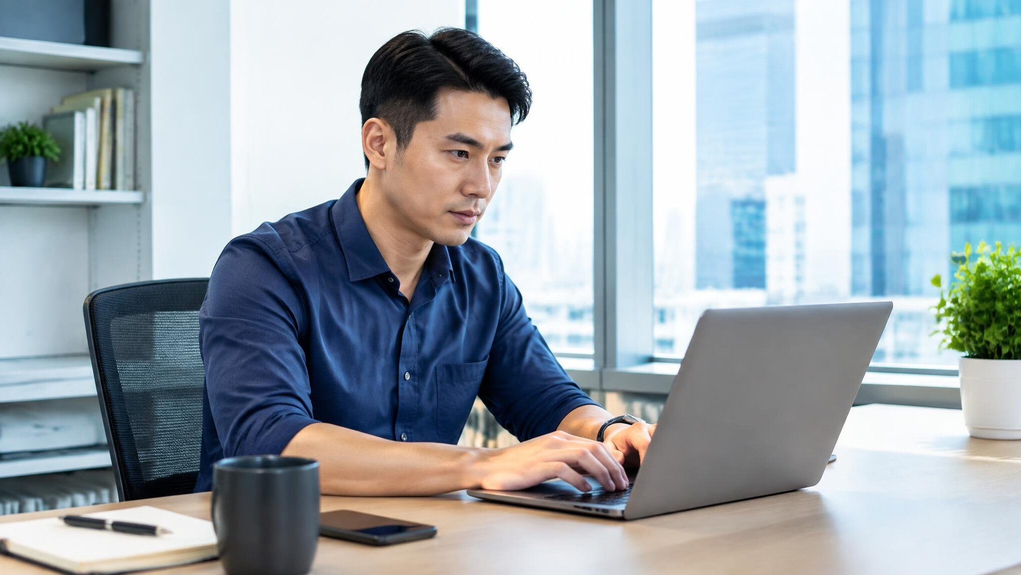 Malaysian professional working on a laptop at a modern office desk