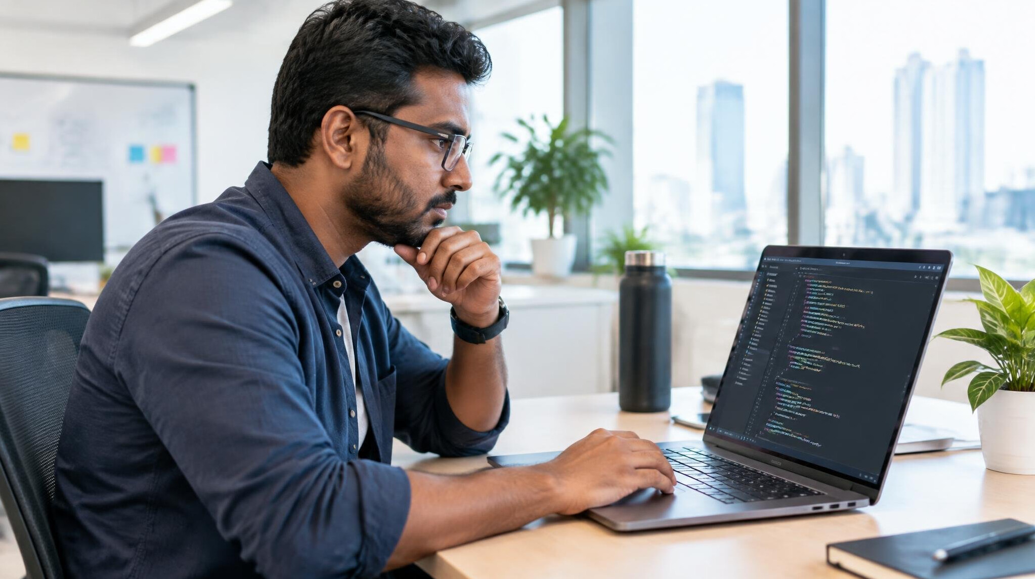 Malaysian Indian developer reviewing code on a laptop screen